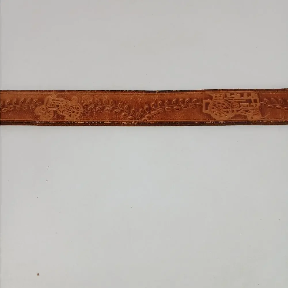 Men's SZ 36 Handcrafted Tooled Genuine Leather Belt Leaf Vines Farm Tractors 1